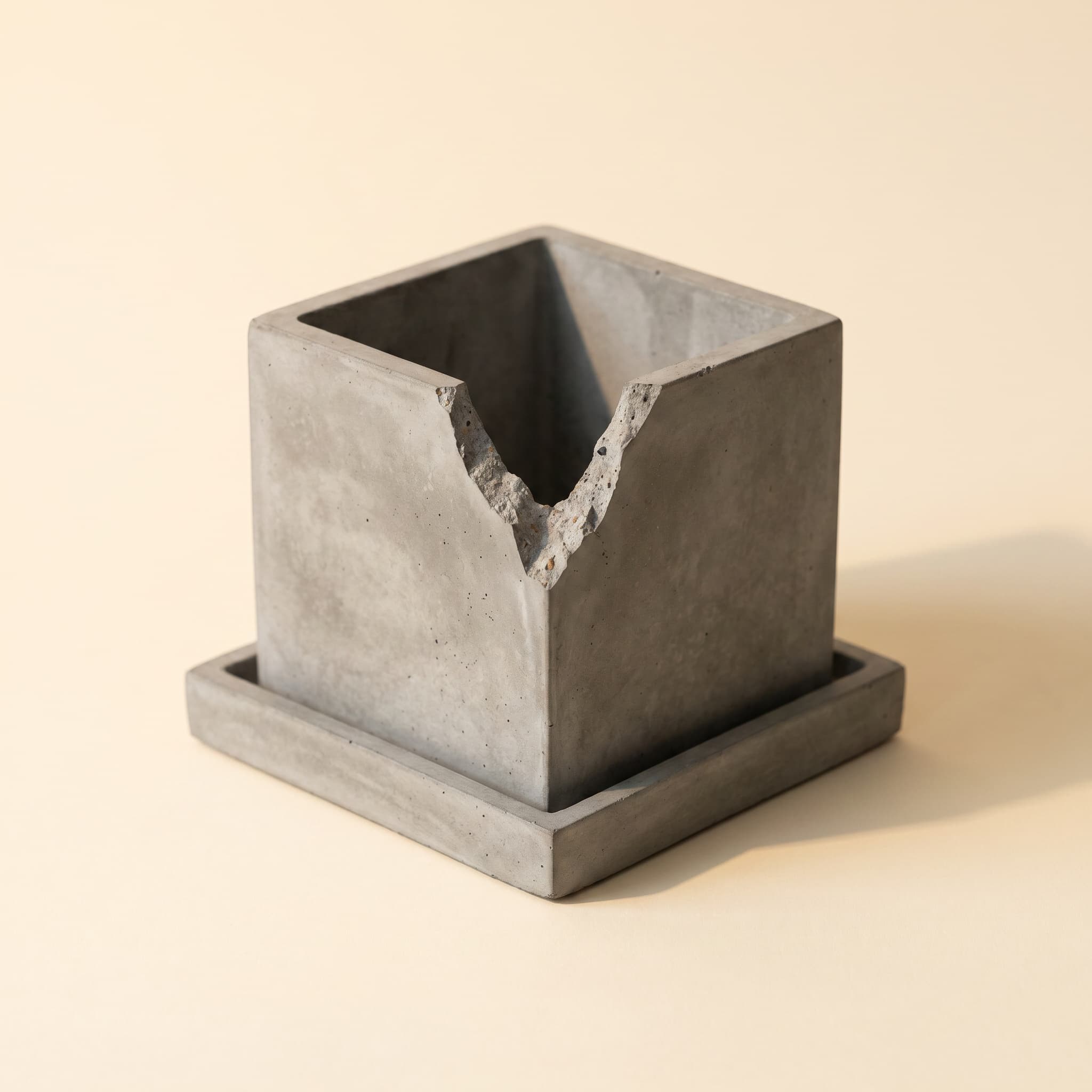 Grey cube with broken corner on intact square saucer