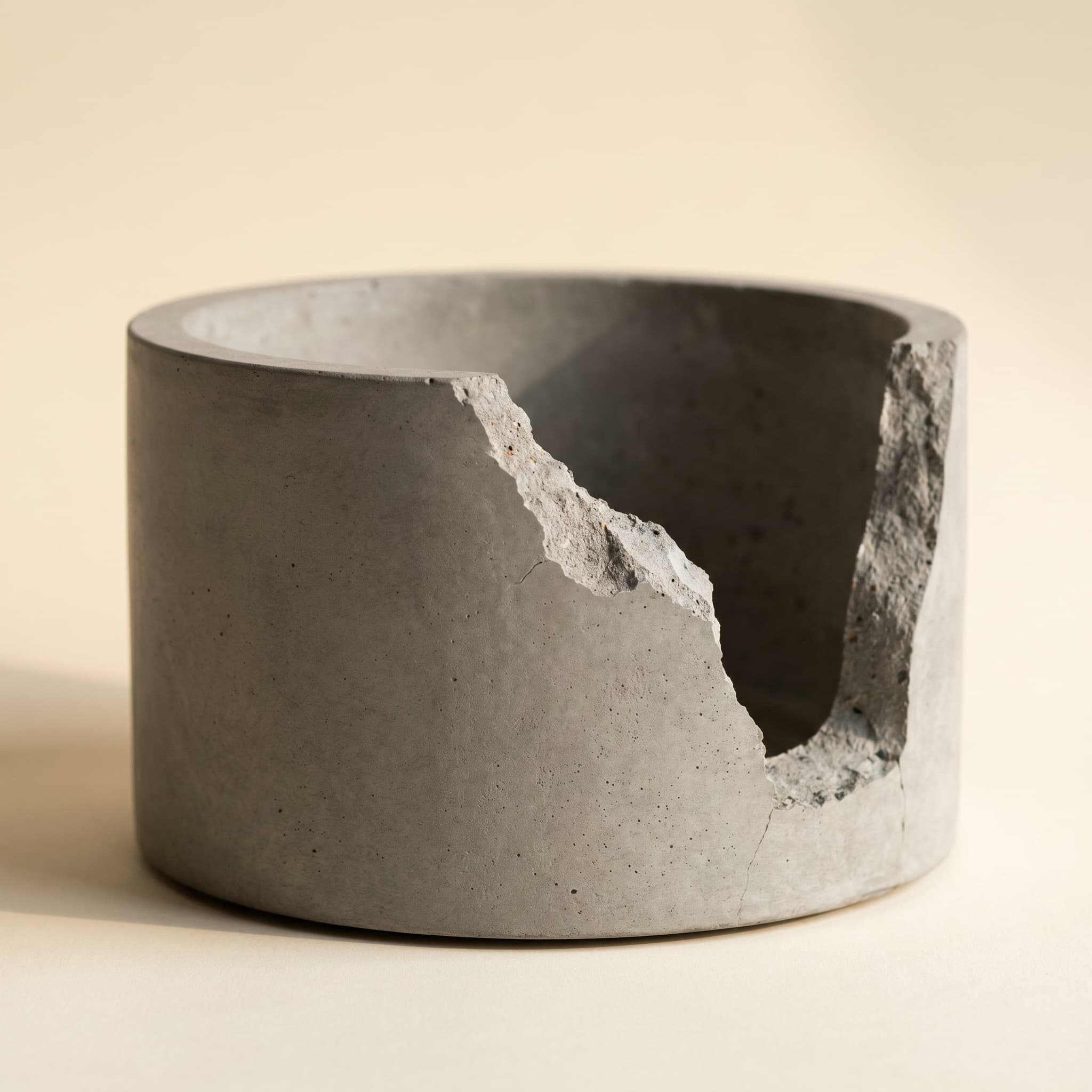 Wide grey vessel with sculptural break in one wall