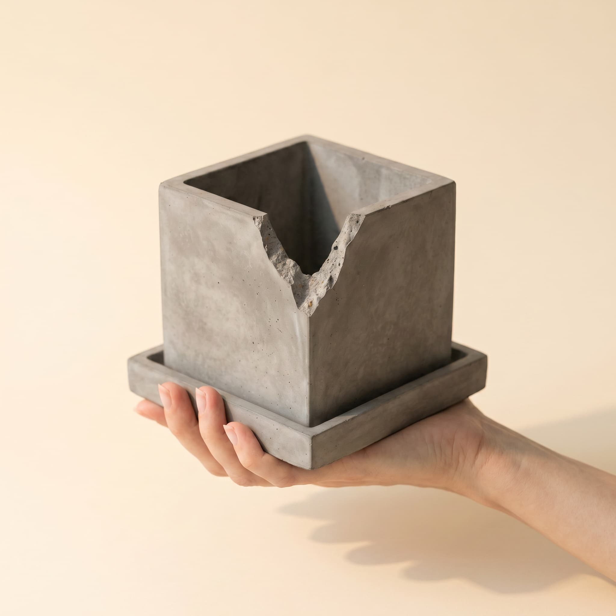 Broken grey cube set held in a hand