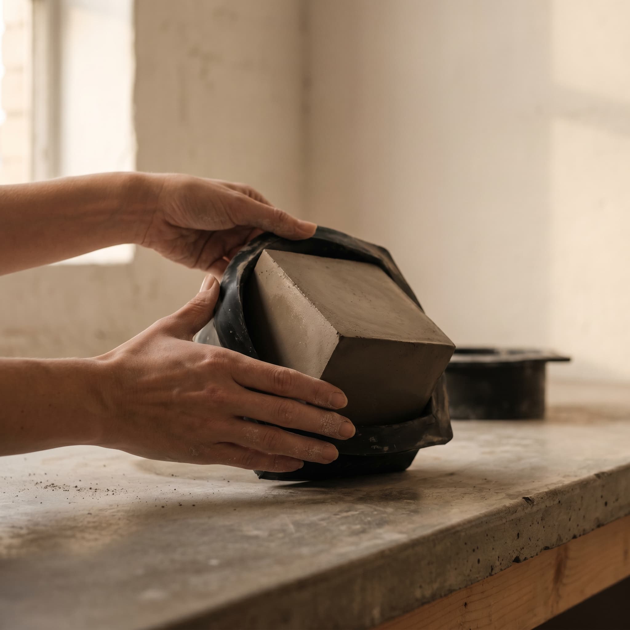 Hands carefully peeling a silicone mould from a freshly cast concrete cube in the Limassol studio