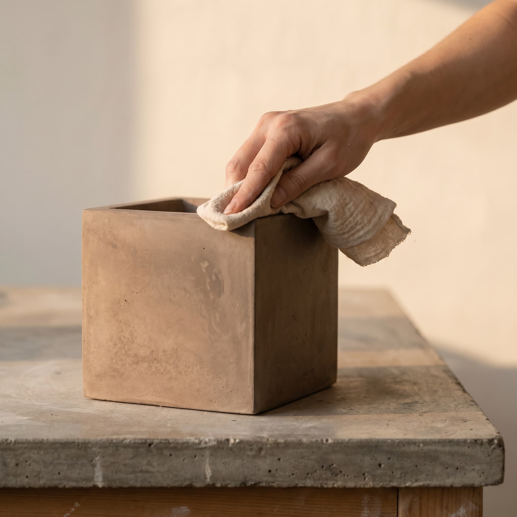 Rafaella wiping the rim of a freshly demoulded taupe cube vessel with a damp cotton cloth on the studio workbench
