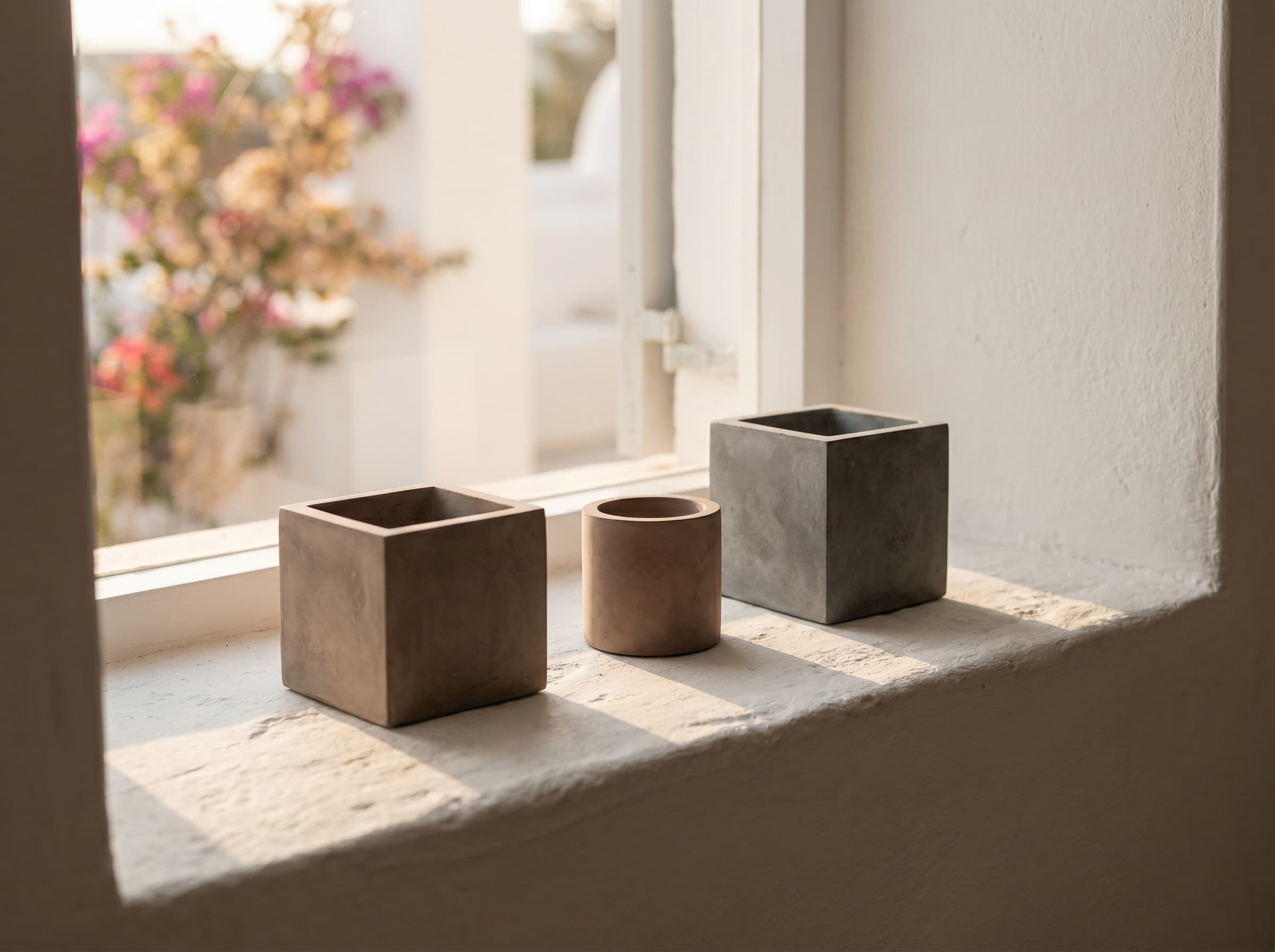 Three Living Form vessels on a Cyprus stone windowsill with bougainvillea outside, late-afternoon light