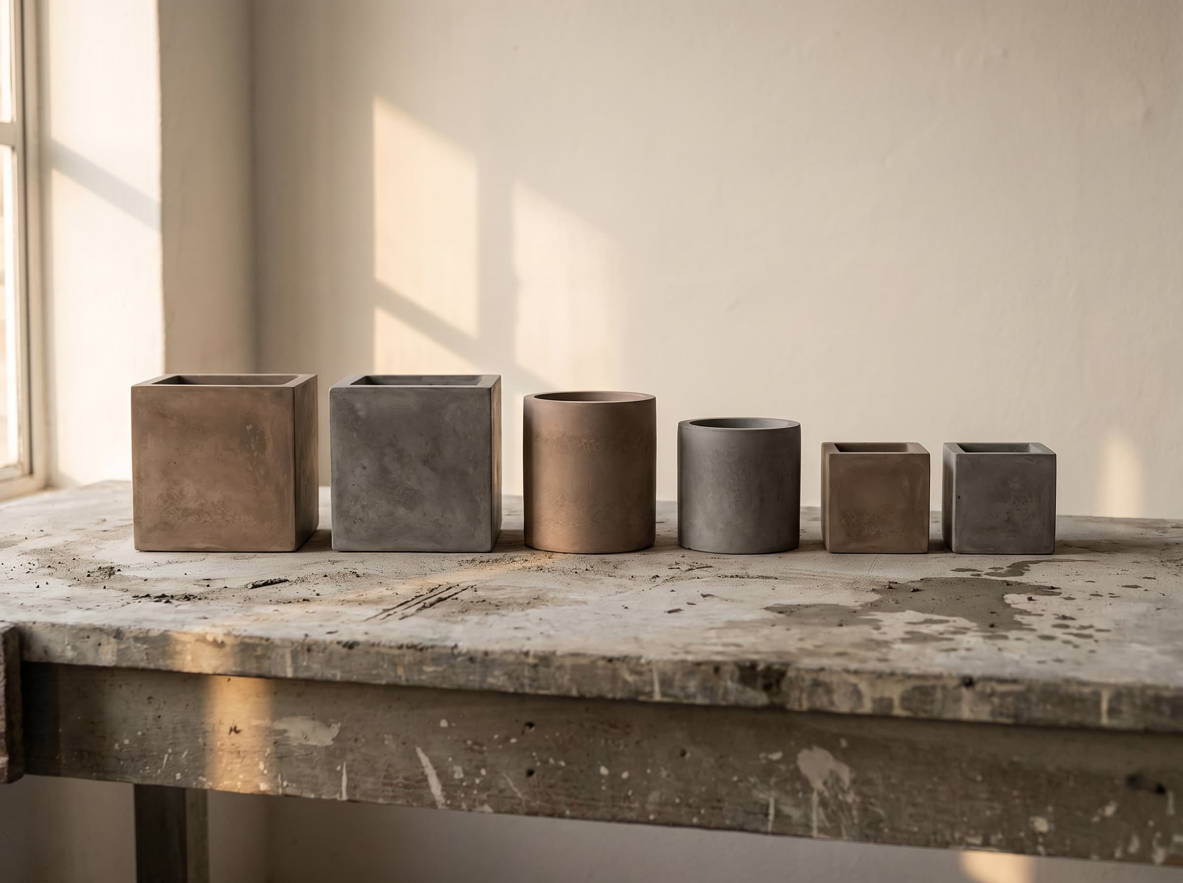 A row of freshly demoulded hand-cast concrete vessels in mixed warm taupe and mid grey on a worn studio workbench in Limassol