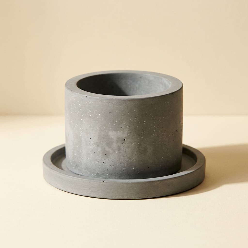 Small grey concrete cylinder vessel on its saucer