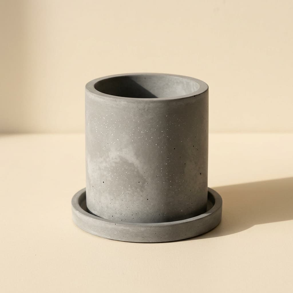 Grey concrete cylinder vessel on its saucer
